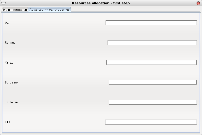 Resources allocation frame – OAR properties for the reservation