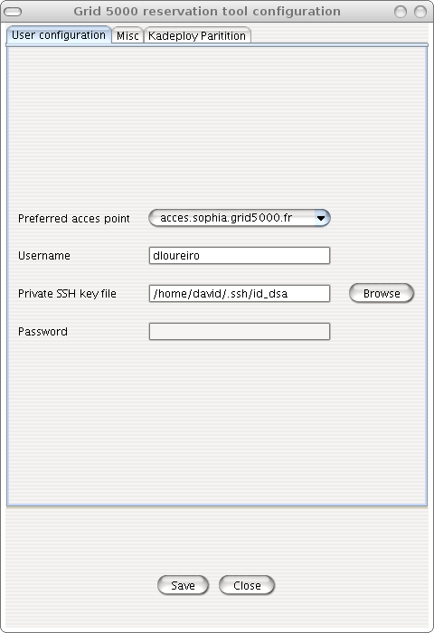 Configuration window: First tab
