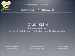Best presentation award to Cristian Klein